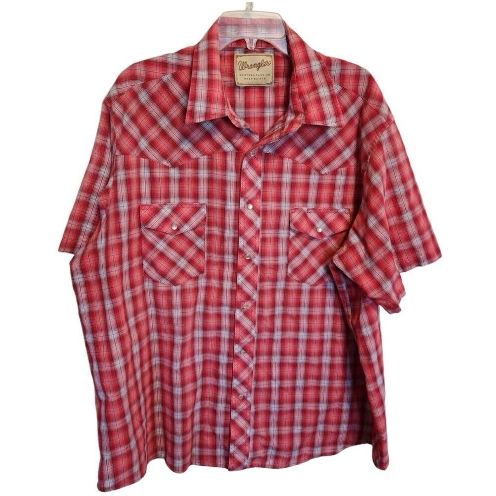 Wrangler- Mens 2XL Red Plaid Short Sleeve Pearl Snap Western Casual Shirt